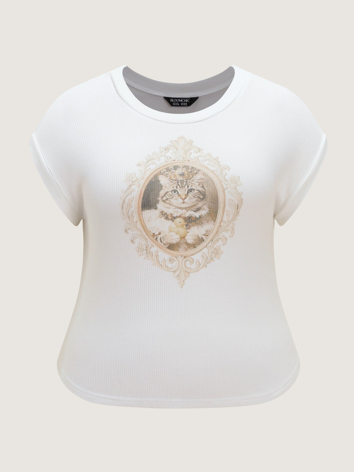 Supersoft Stretchy Vintage Frame Cat Print Cropped T-Shirt