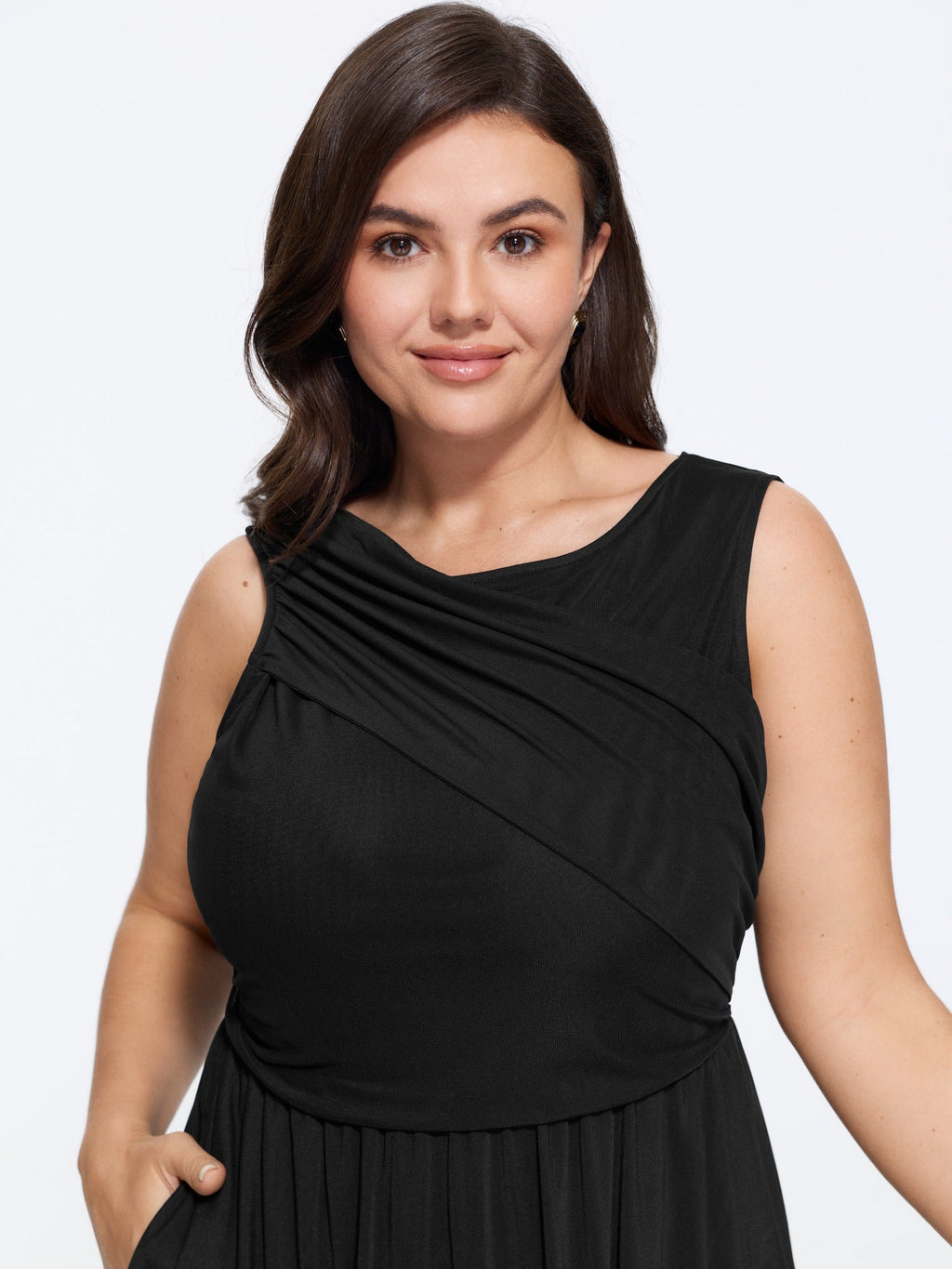 Solid Sleeveless Round Neck Mesh Midi Dress