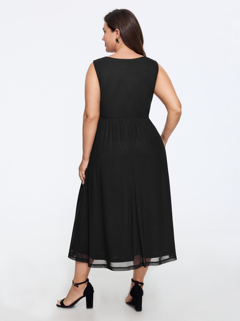 Solid Sleeveless Round Neck Mesh Midi Dress
