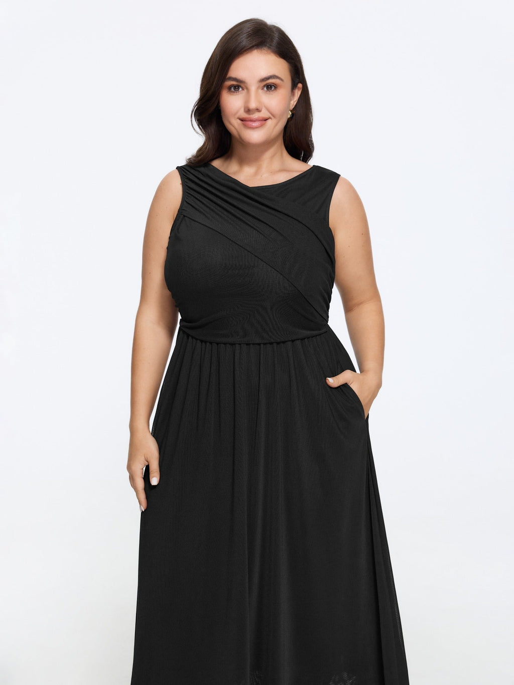 Solid Sleeveless Round Neck Mesh Midi Dress