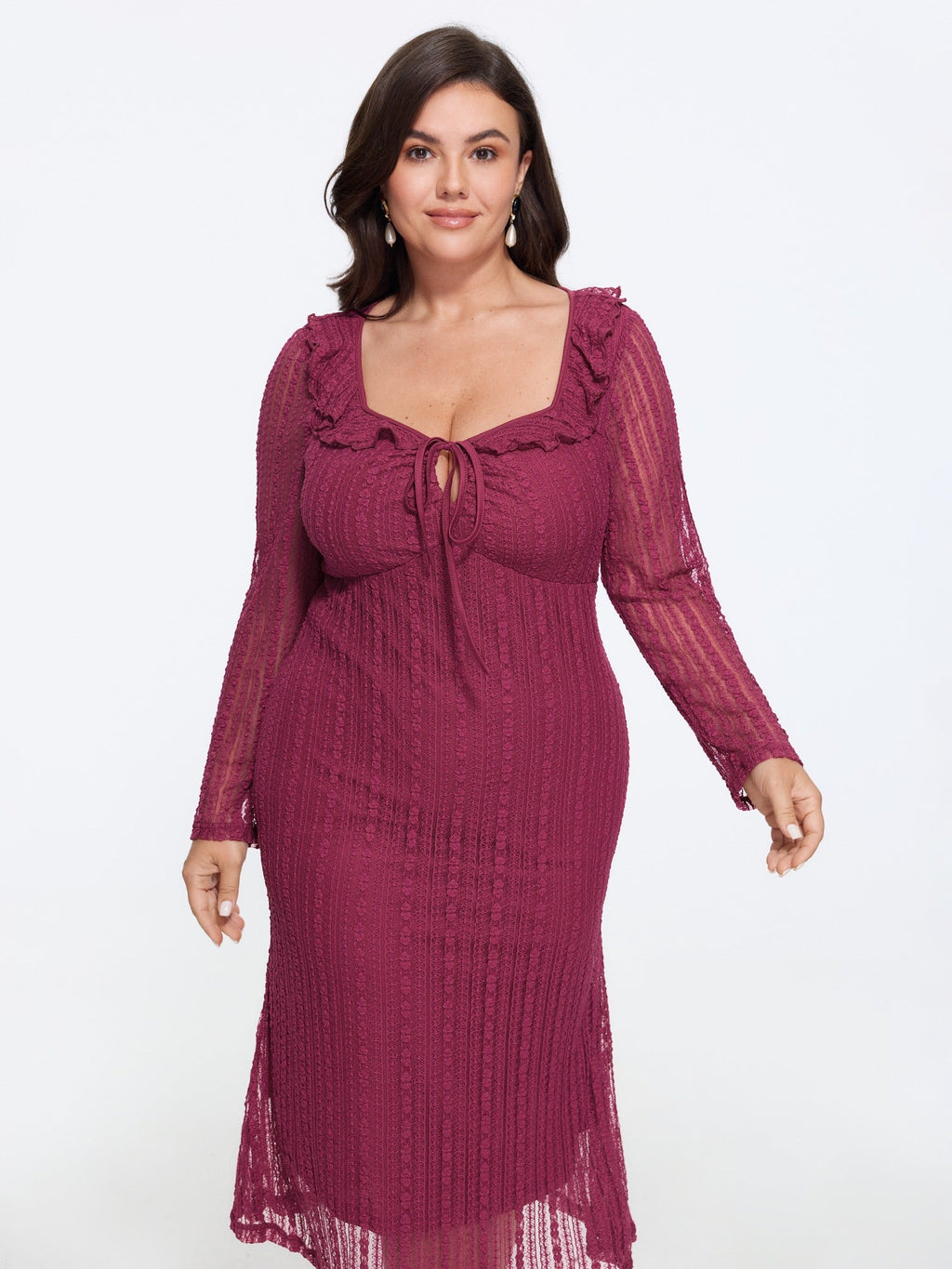 Lace Mesh Square Neck Ruffle Tie Front Midi Dress
