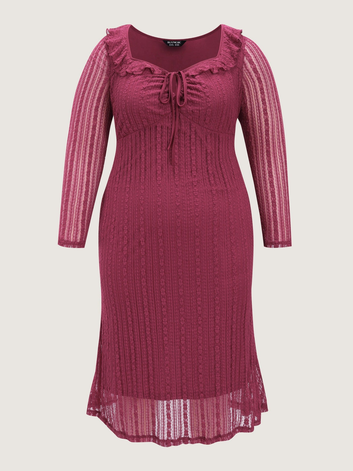 Lace Mesh Square Neck Ruffle Tie Front Midi Dress