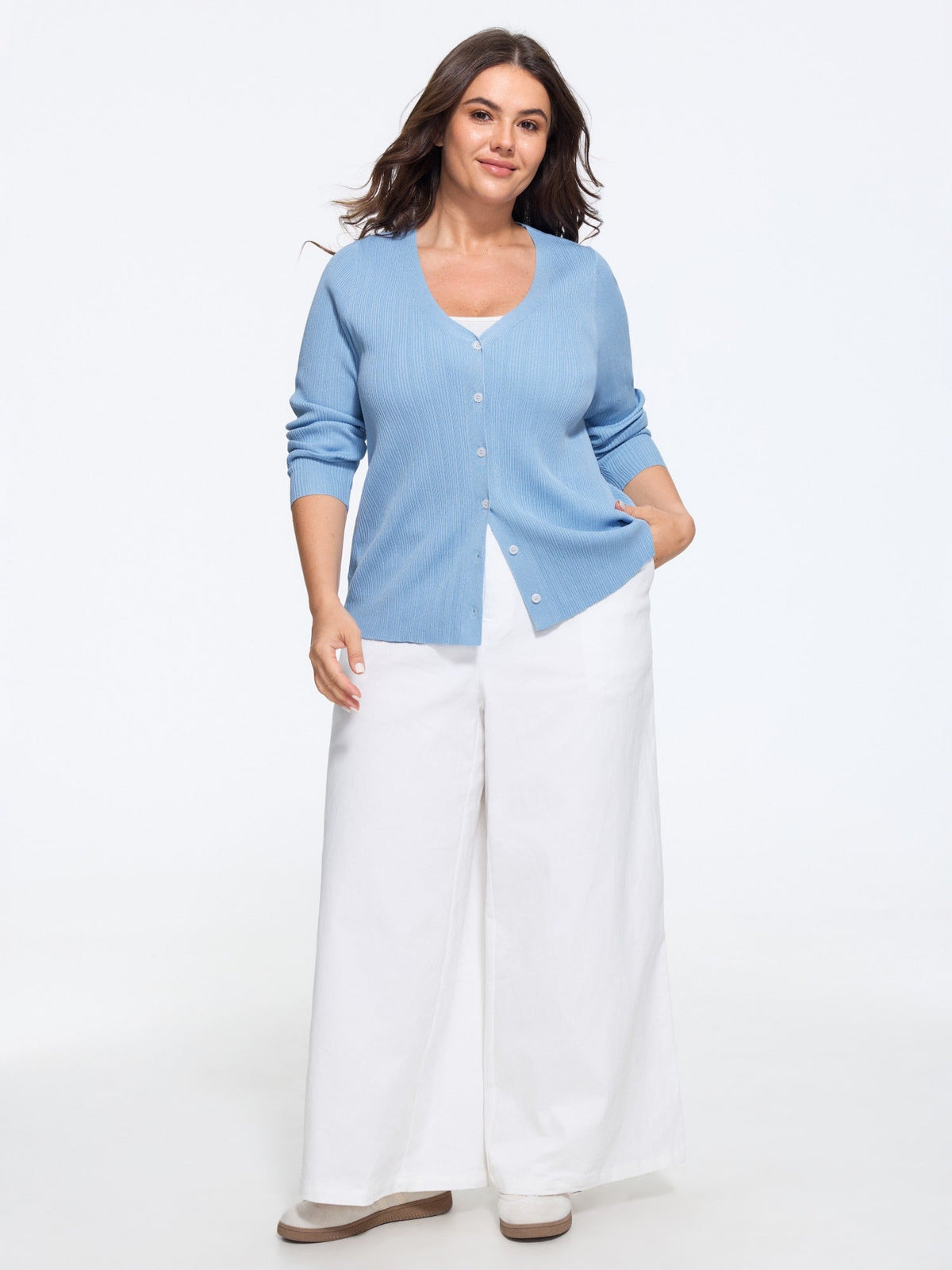 Textured Vertical Rib V Neck Front Button Cardigan
