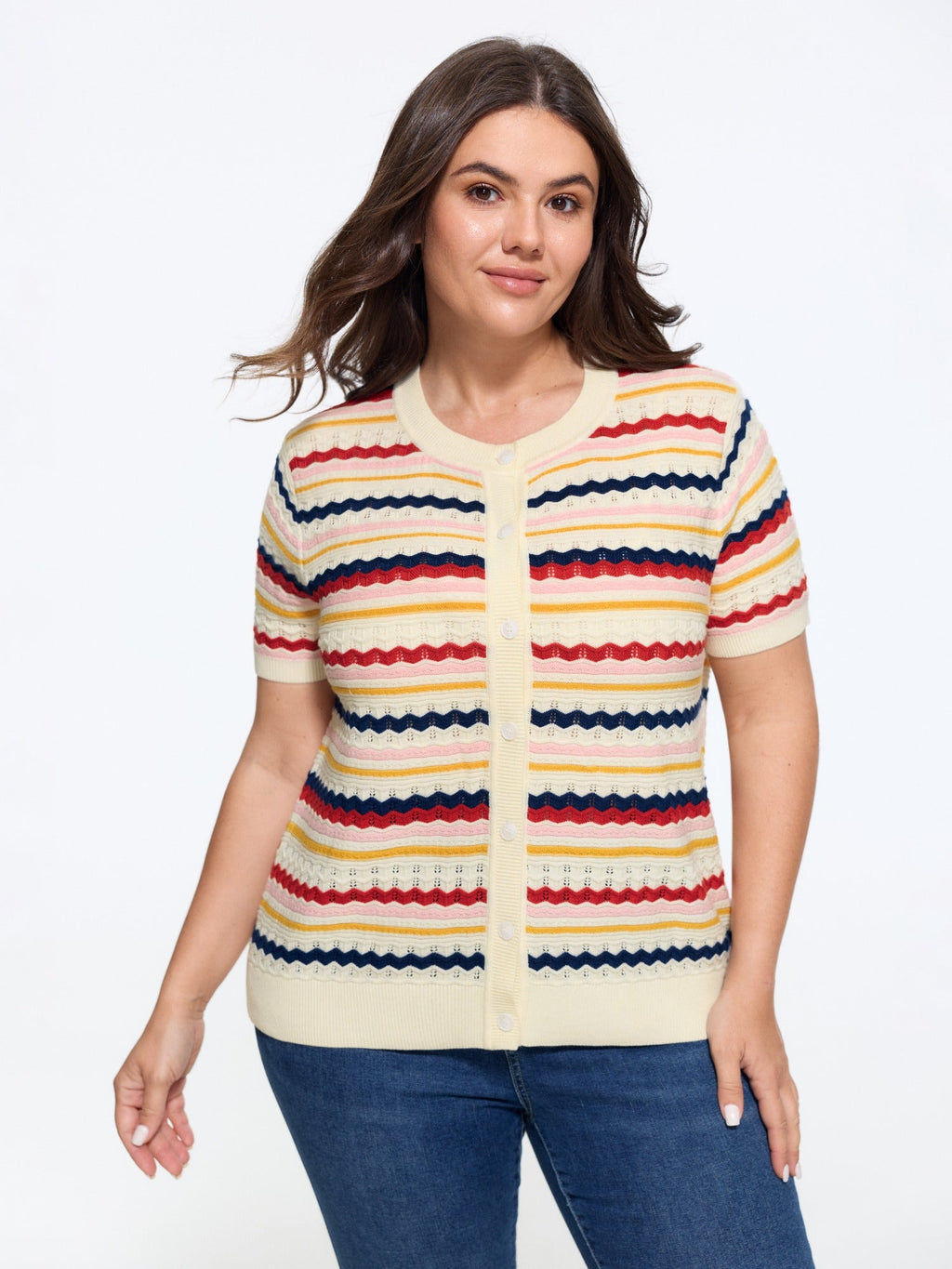 Rainbow Wavy Stripe Cut Out Front Button Cardigan