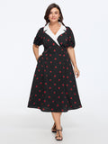 Rose Dot Print Contrast Shirred Waist Midi Dress