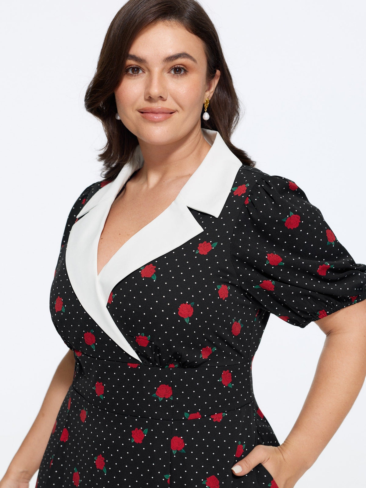 Rose Dot Print Contrast Shirred Waist Midi Dress