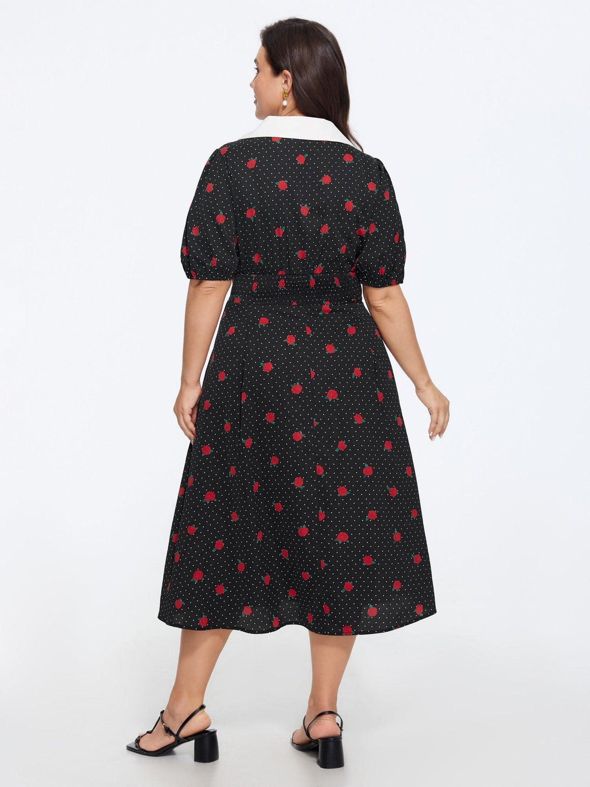 Rose Dot Print Contrast Shirred Waist Midi Dress