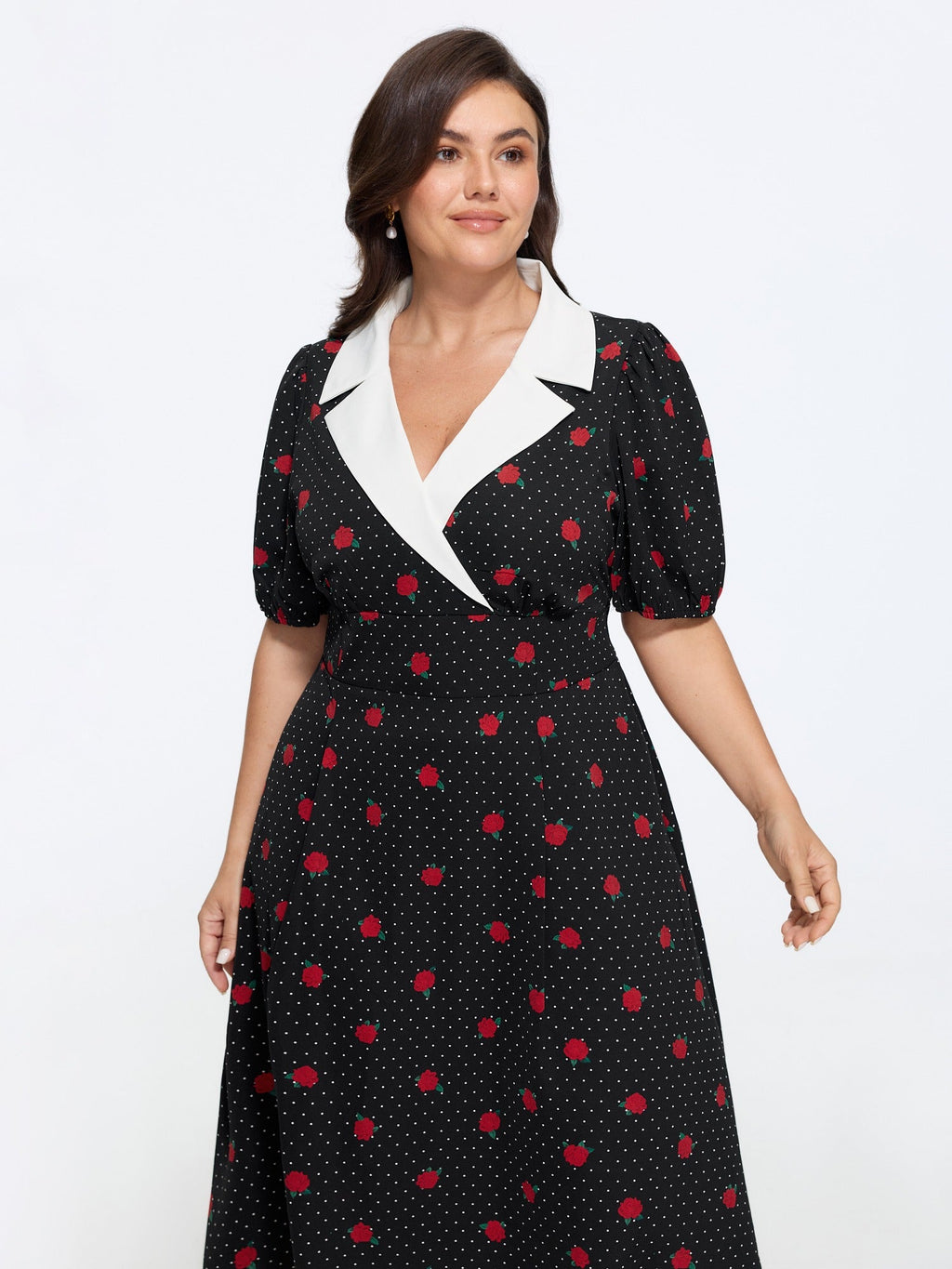 Rose Dot Print Contrast Shirred Waist Midi Dress