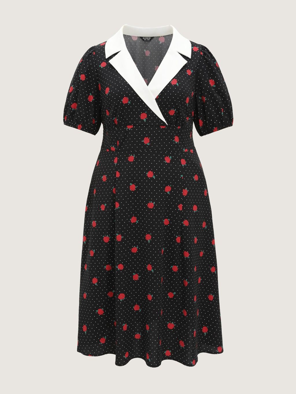Rose Dot Print Contrast Shirred Waist Midi Dress
