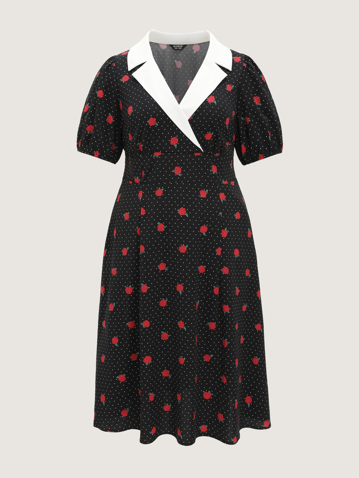 Rose Dot Print Contrast Shirred Waist Midi Dress