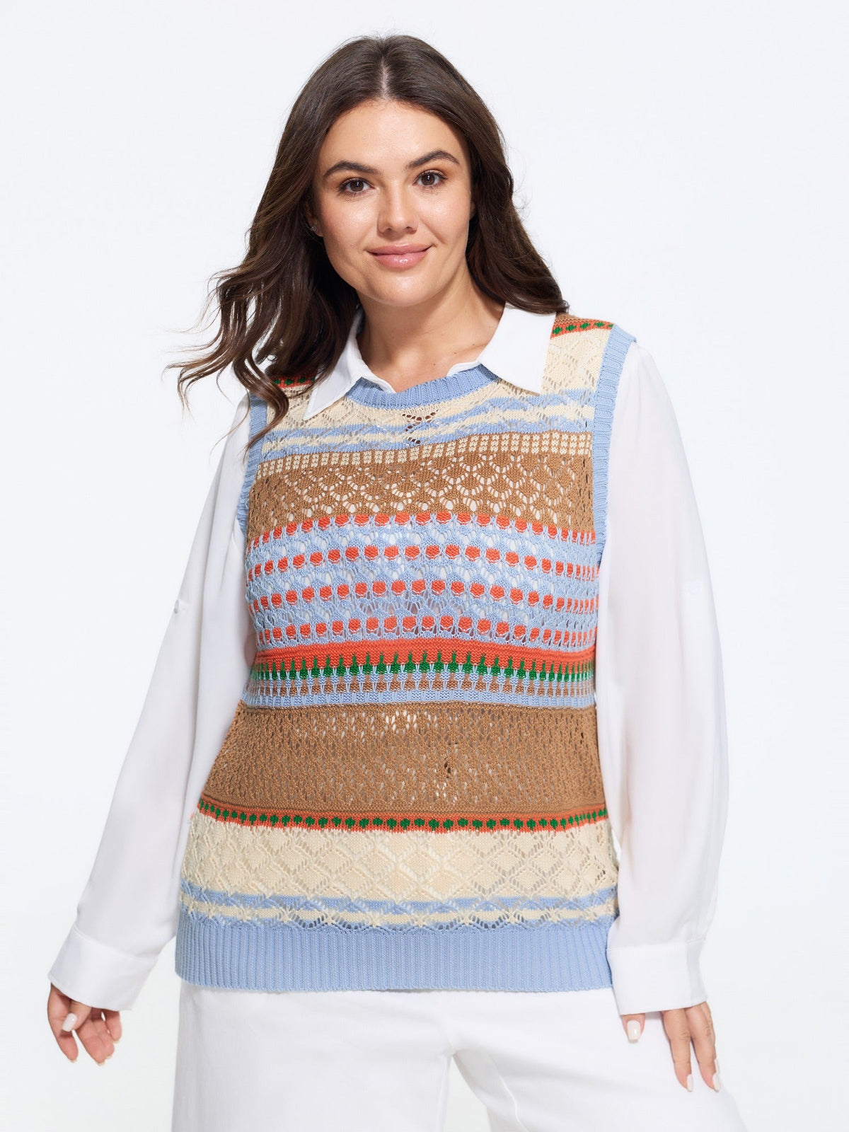 Multicolor Striped Hollow Crew Neck Sweater Vest