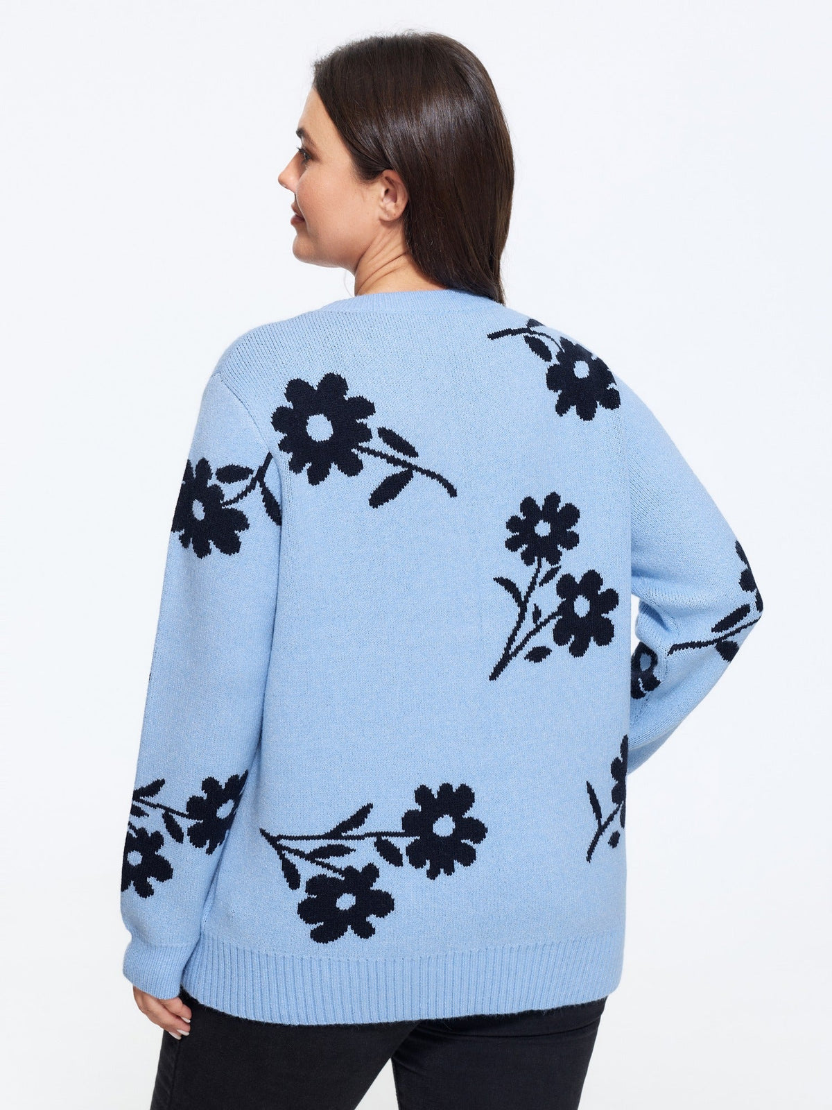 Floral Jacquard Crew Neck Loose Pullover
