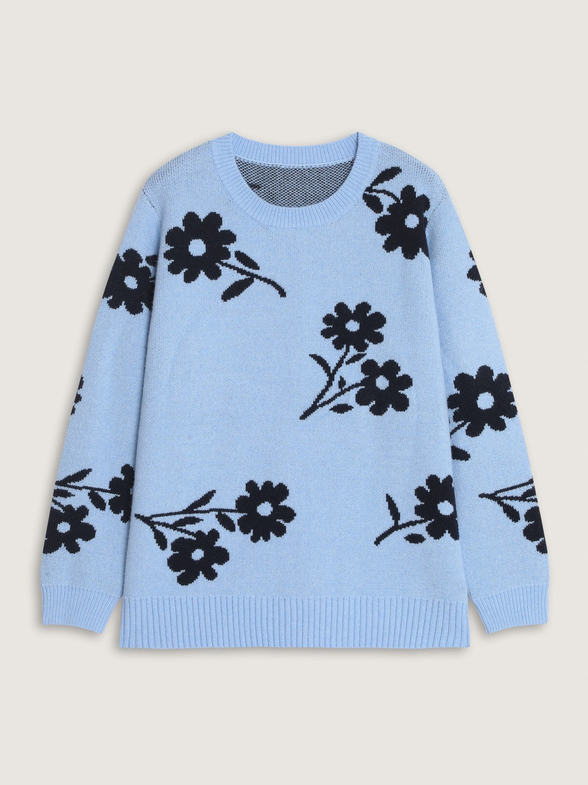 Floral Jacquard Crew Neck Loose Pullover