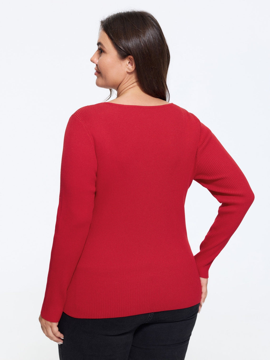 Stretchy Square Neck Ribbed Long Sleeve Pullover