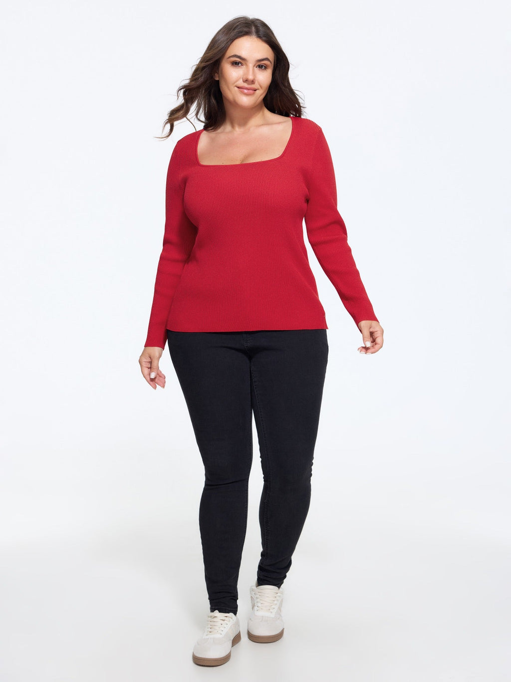 Stretchy Square Neck Ribbed Long Sleeve Pullover