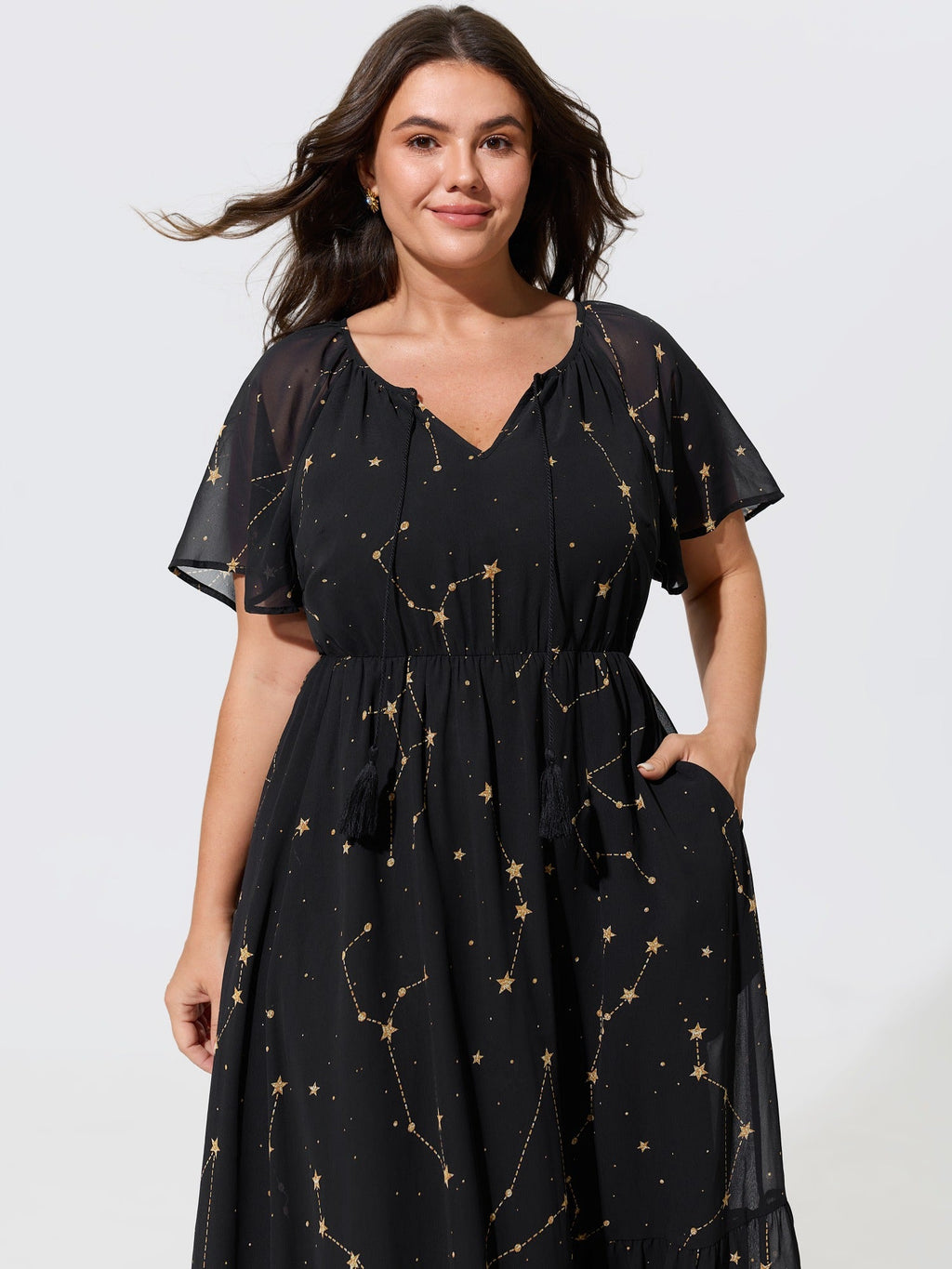 Constellation Print Tassel Tie Neck Maxi Dress