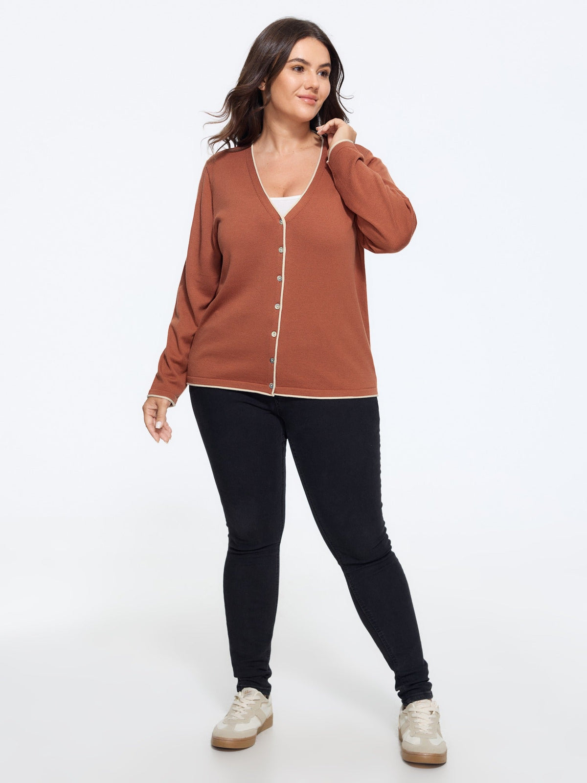 Color Contrast Trim V Neck Front Button Cardigan