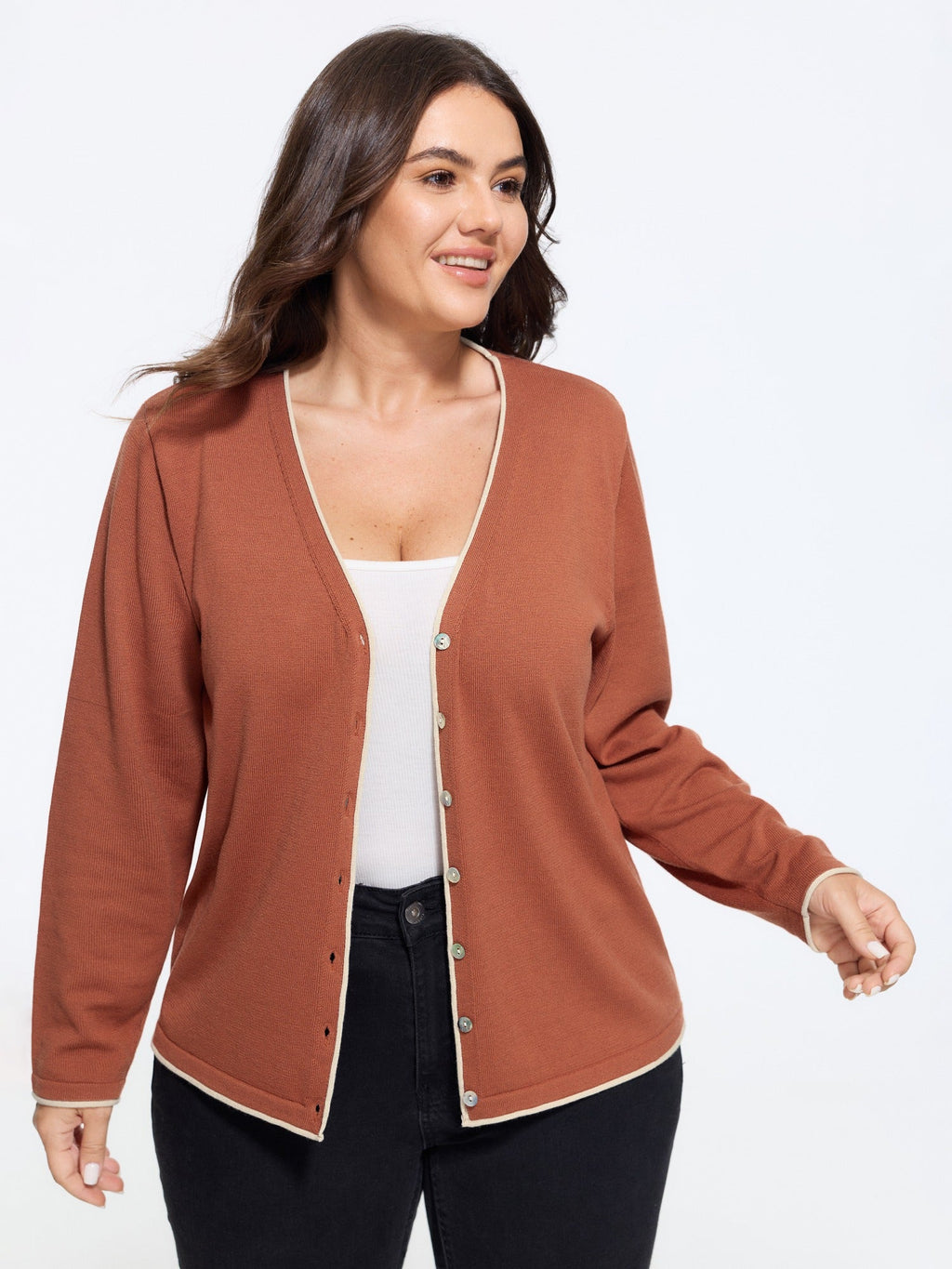Color Contrast Trim V Neck Front Button Cardigan