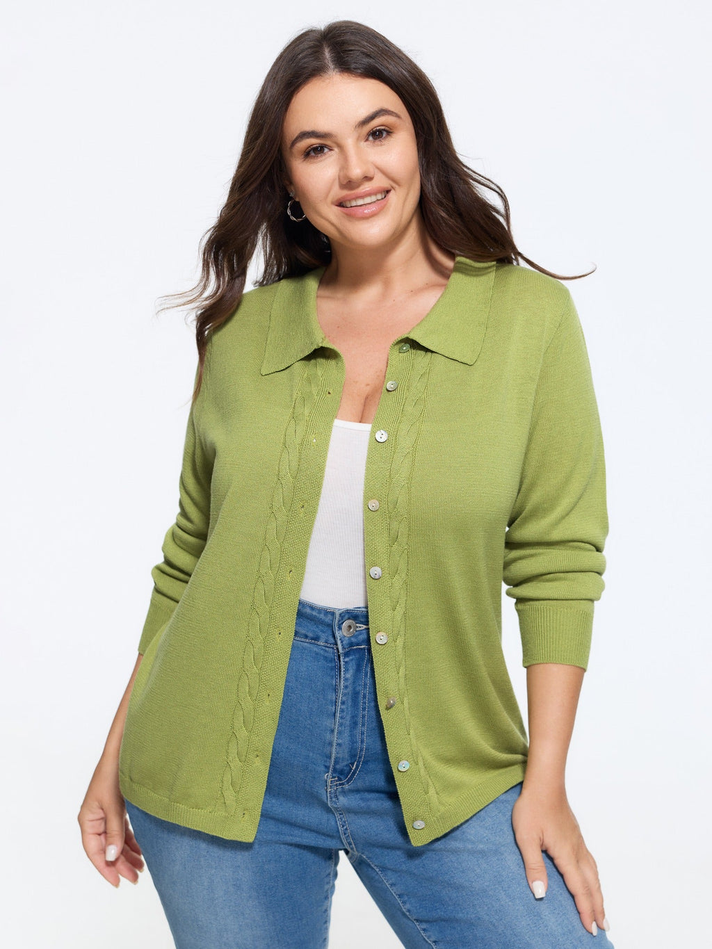 Supersoft Polo Collar Cable Knit Button Down Cardigan