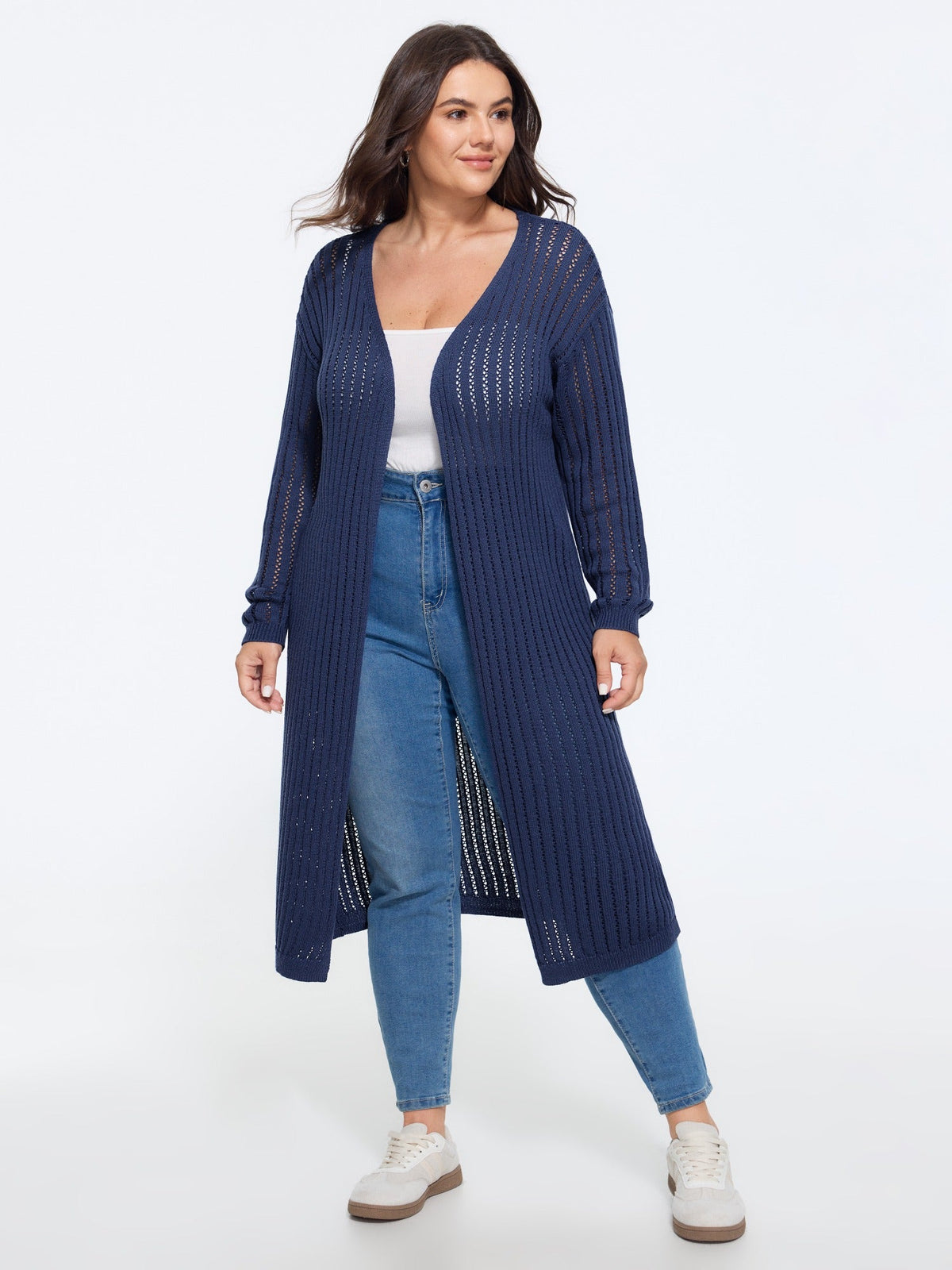 Textured Cut Out Open Front Long Cardigan