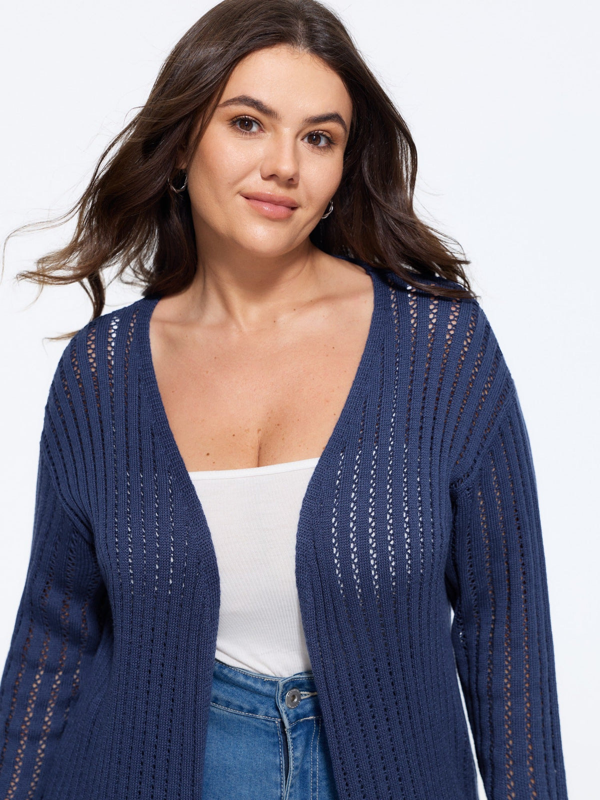 Textured Cut Out Open Front Long Cardigan