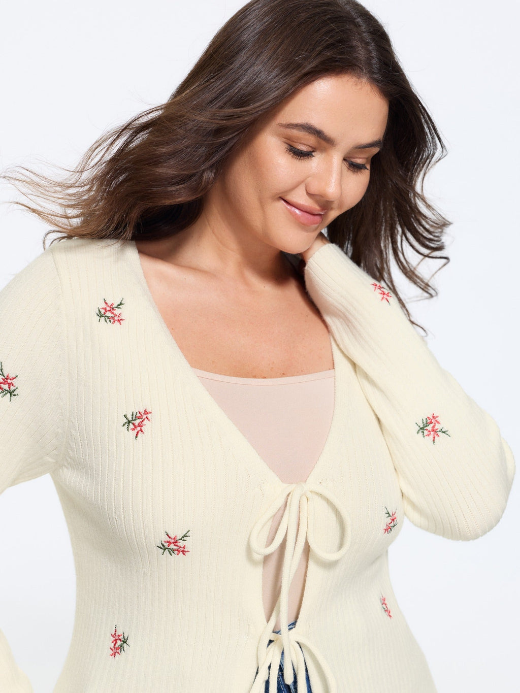 Floral Embroidery Tie Front Knit Cardigan
