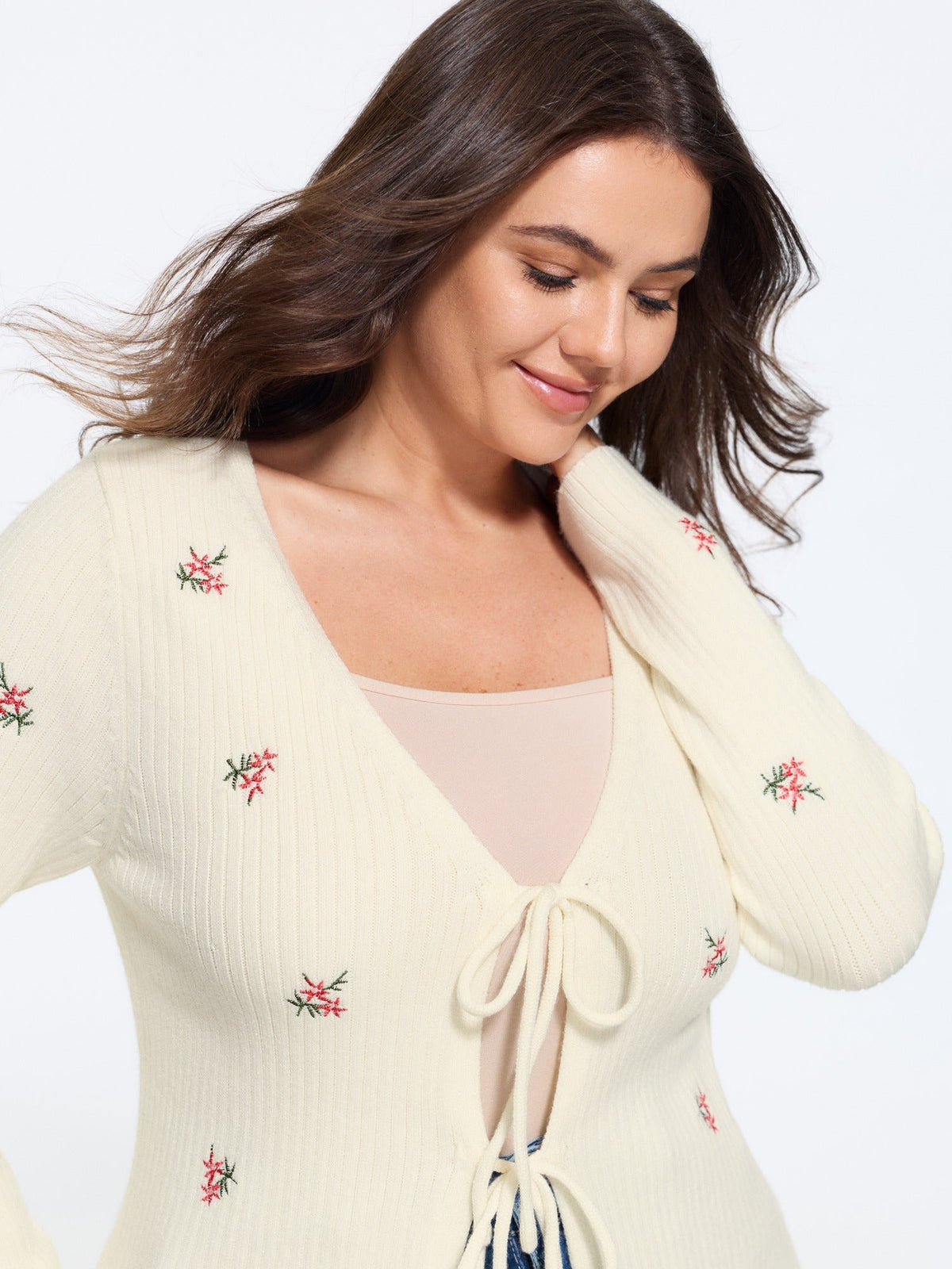 Floral Embroidery Tie Front Knit Cardigan