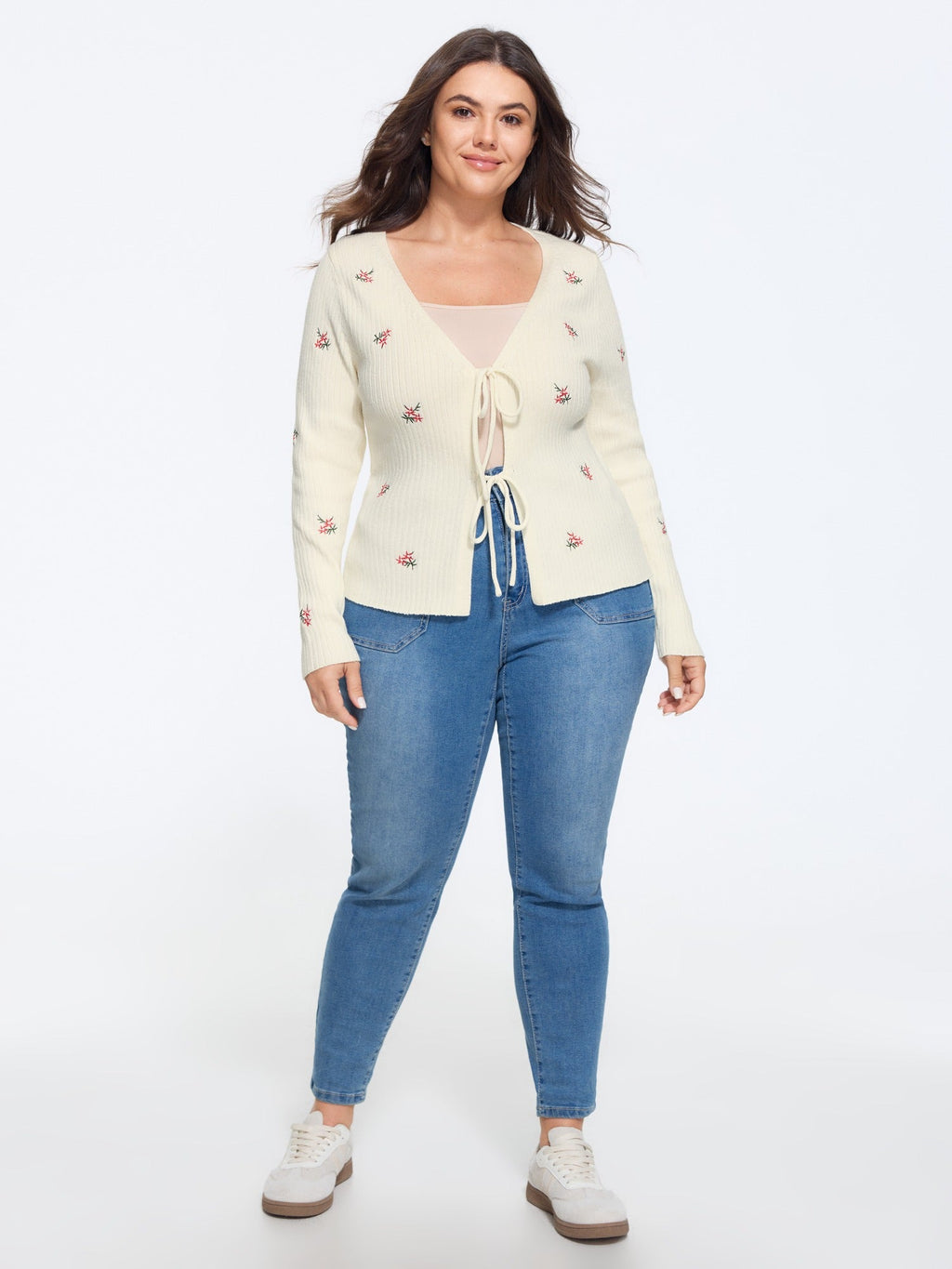 Floral Embroidery Tie Front Knit Cardigan