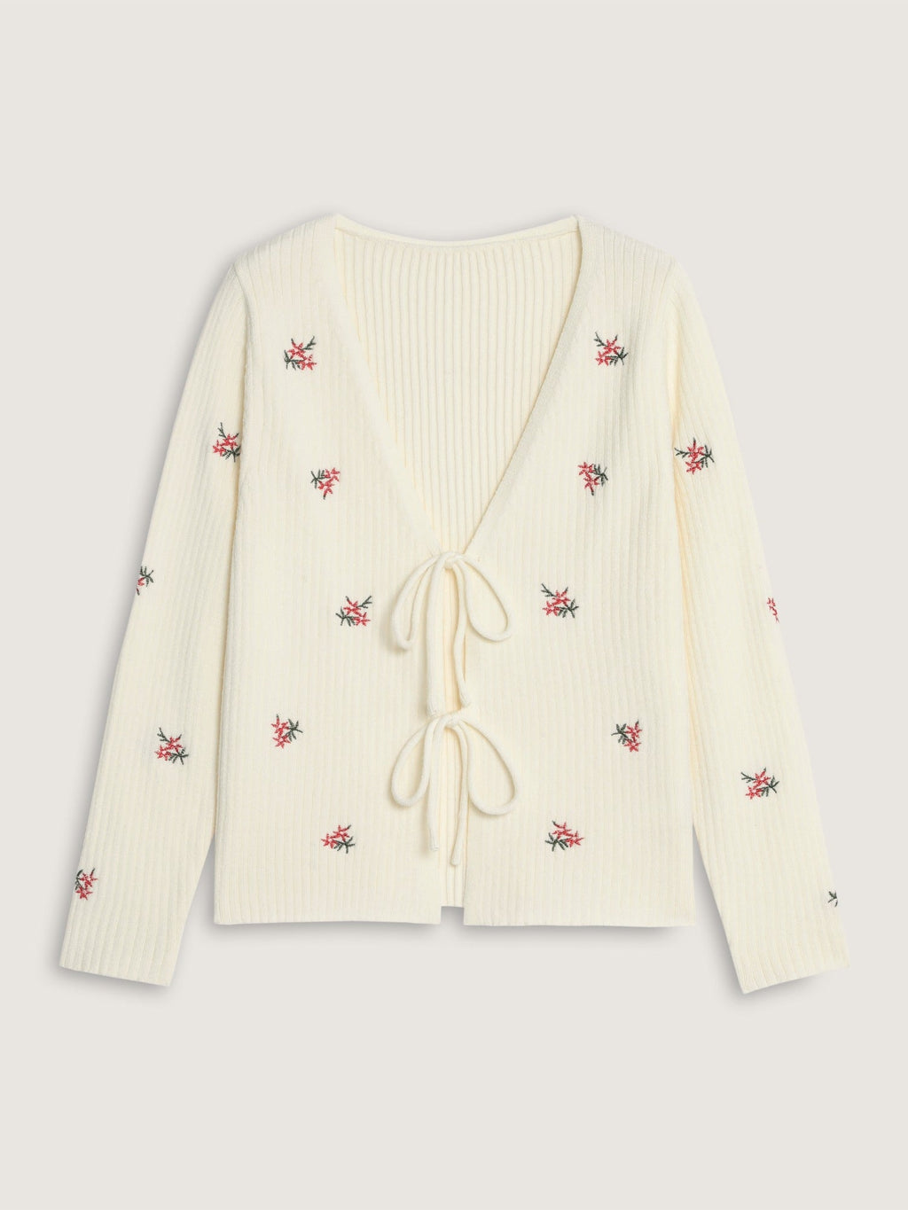 Floral Embroidery Tie Front Knit Cardigan