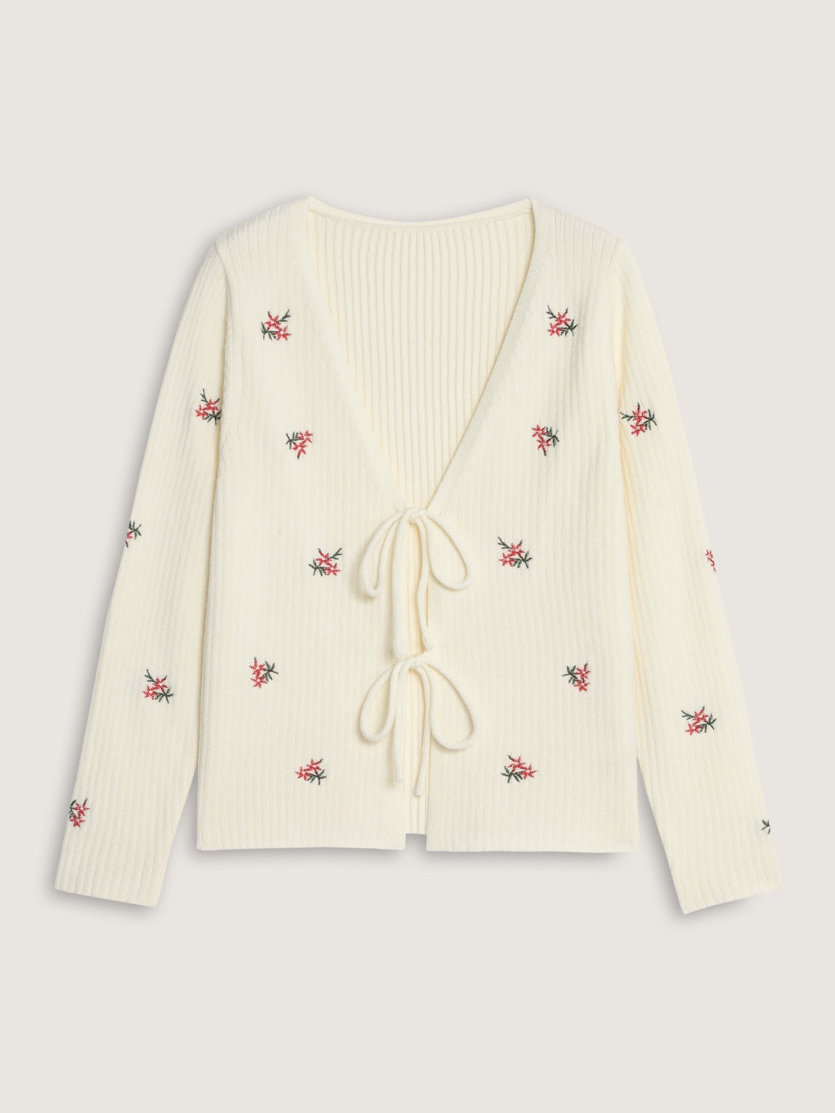 Floral Embroidery Tie Front Knit Cardigan