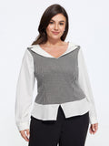 Stretchy Lapel Neck Houndstooth Patchwork Fitted Blouse