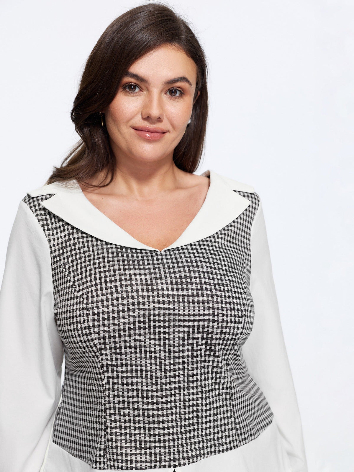 Stretchy Lapel Neck Houndstooth Patchwork Fitted Blouse