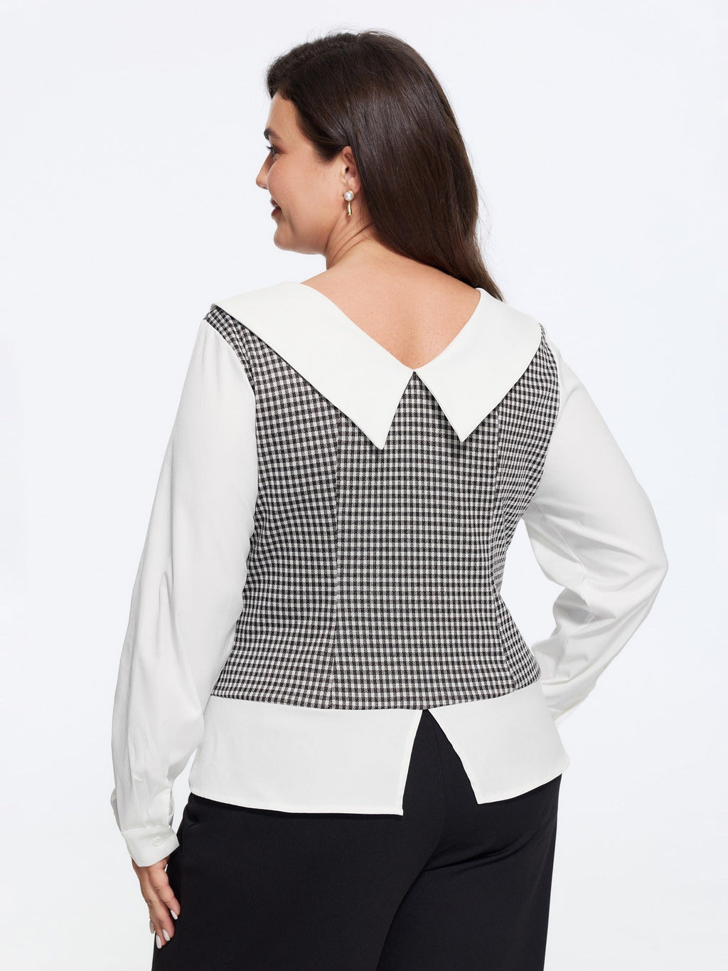 Stretchy Lapel Neck Houndstooth Patchwork Fitted Blouse