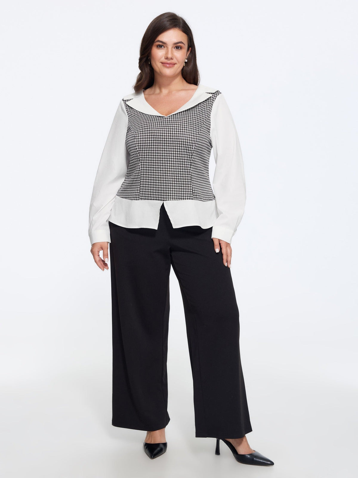 Stretchy Lapel Neck Houndstooth Patchwork Fitted Blouse