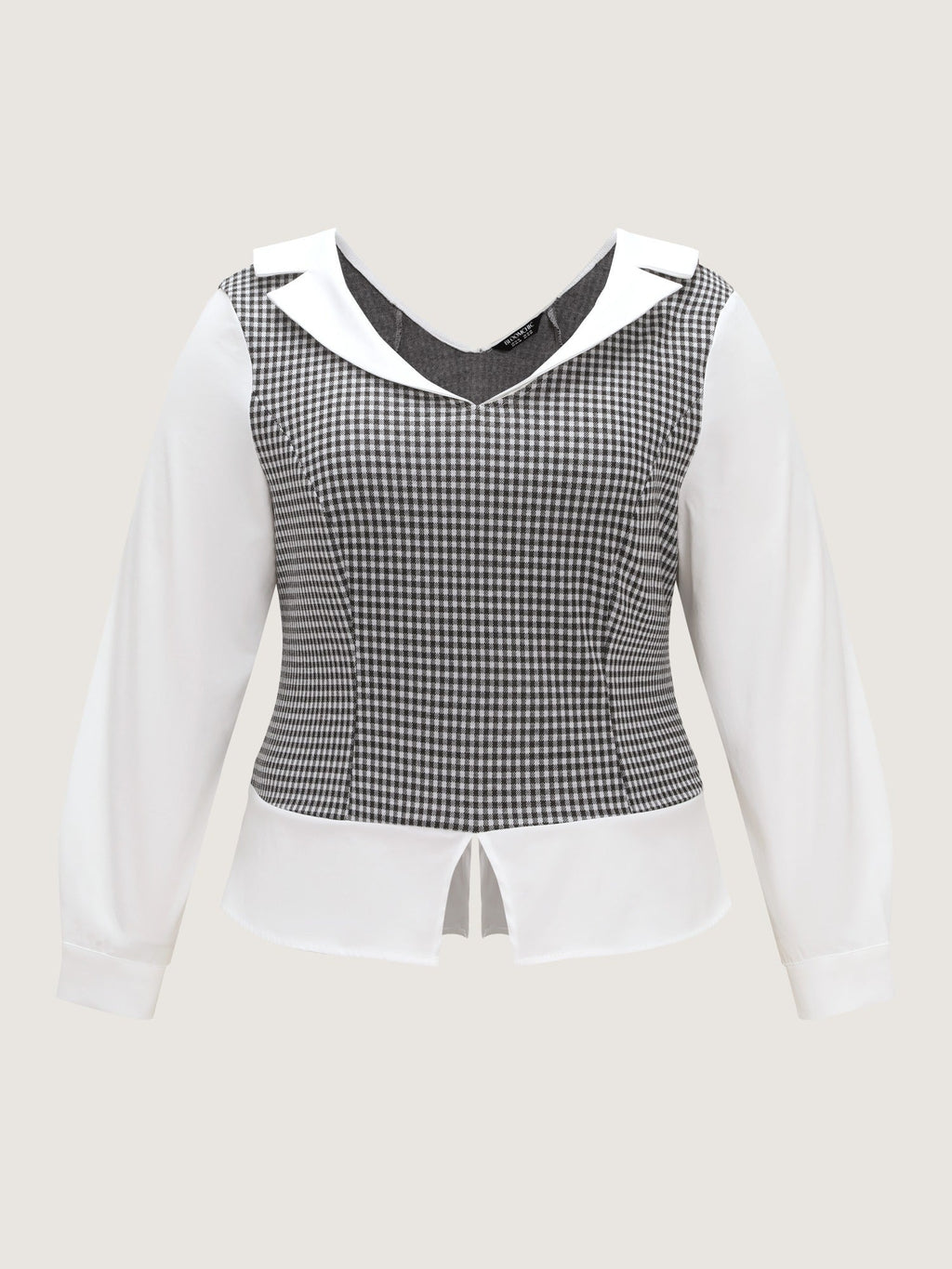 Stretchy Lapel Neck Houndstooth Patchwork Fitted Blouse