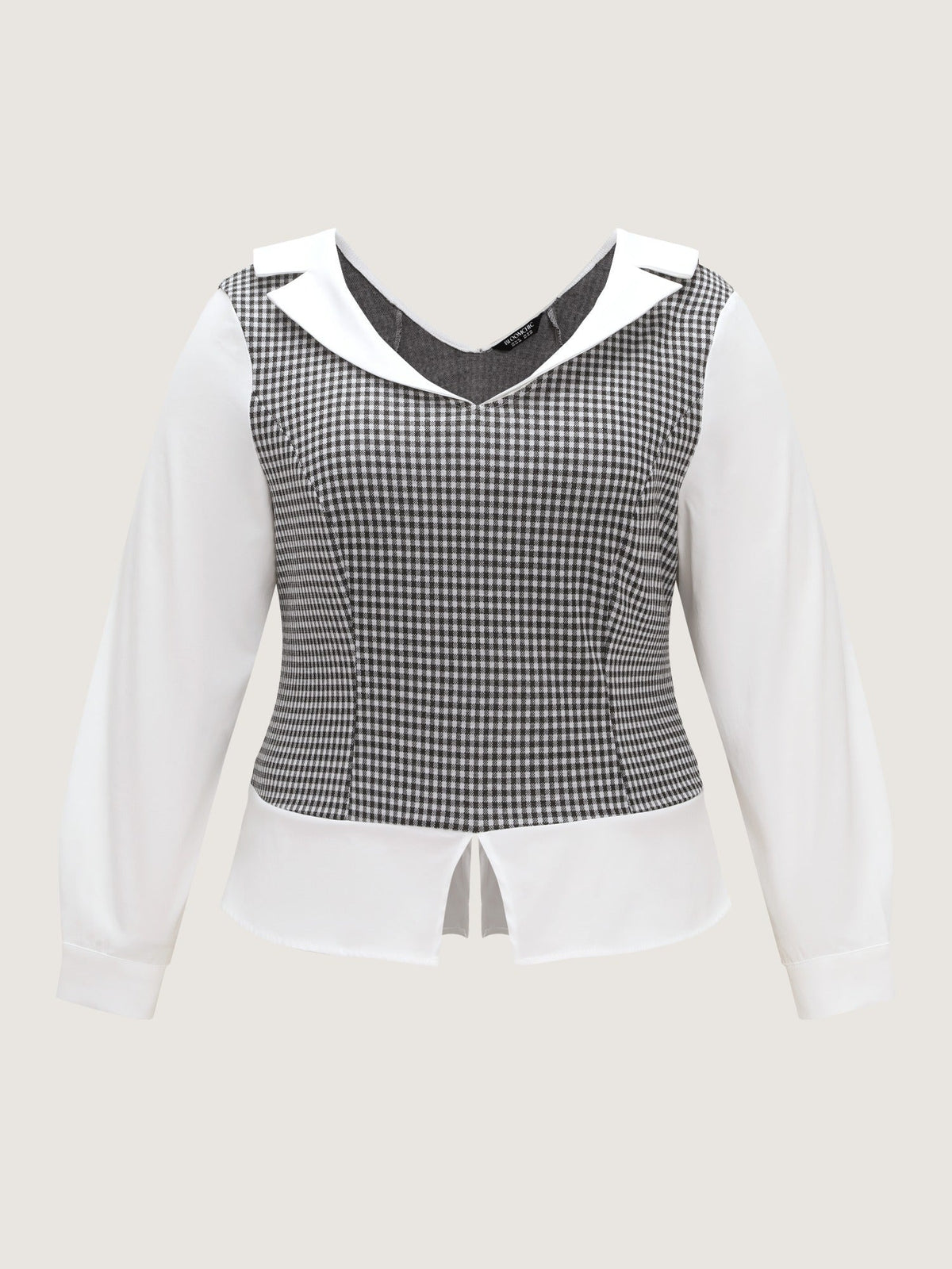 Stretchy Lapel Neck Houndstooth Patchwork Fitted Blouse