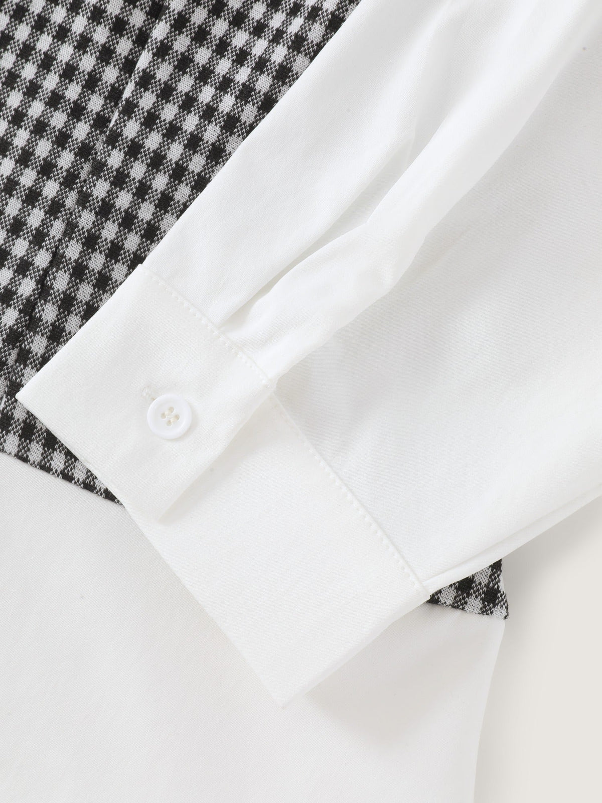 Stretchy Lapel Neck Houndstooth Patchwork Fitted Blouse