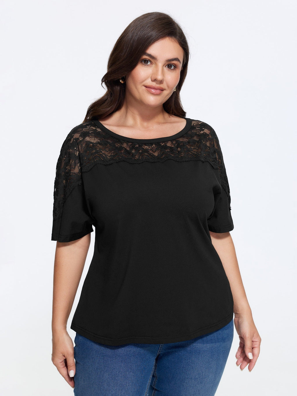 Supersoft Round Neck Floral Lace Spliced T-Shirt