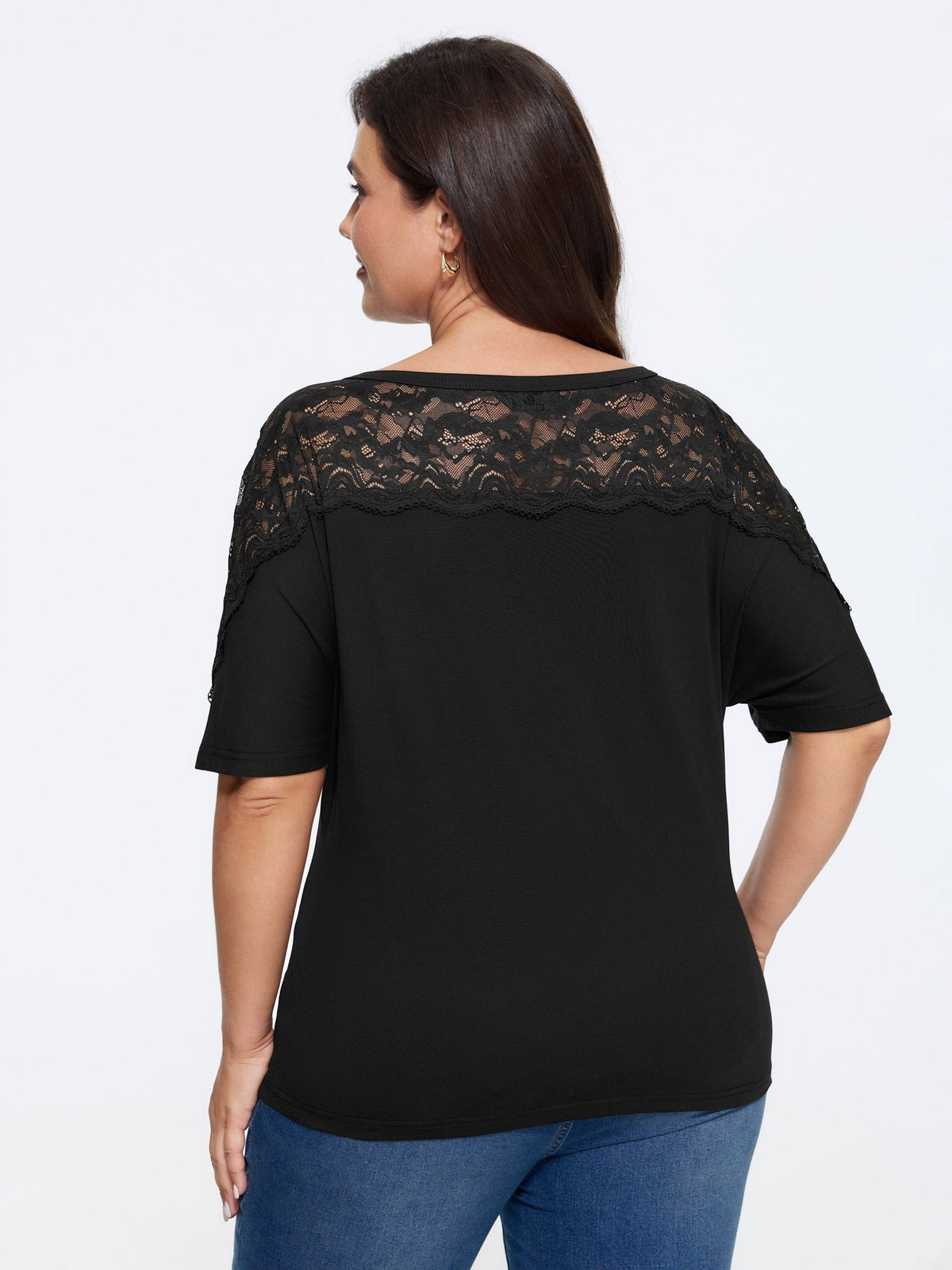 Supersoft Round Neck Floral Lace Spliced T-Shirt