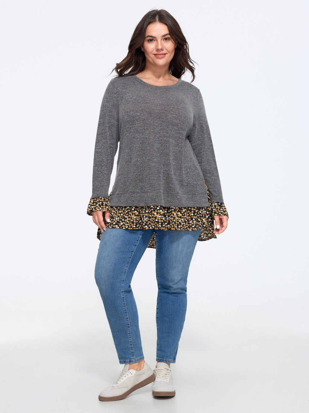 Stretchy Floral Print Layered Hem Long Sleeve Top