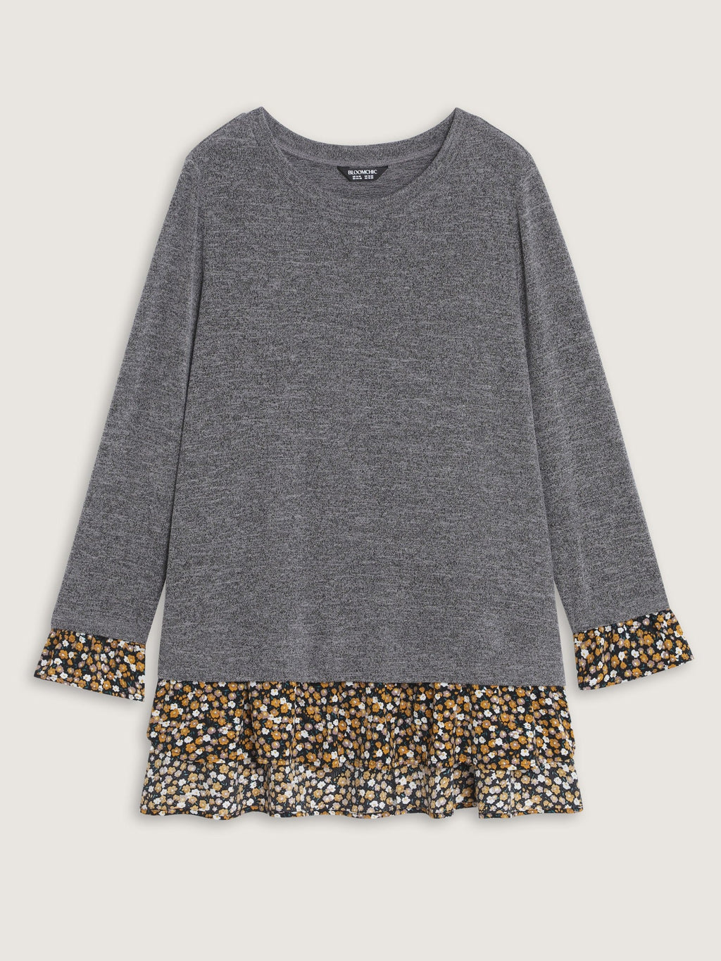Stretchy Floral Print Layered Hem Long Sleeve Top