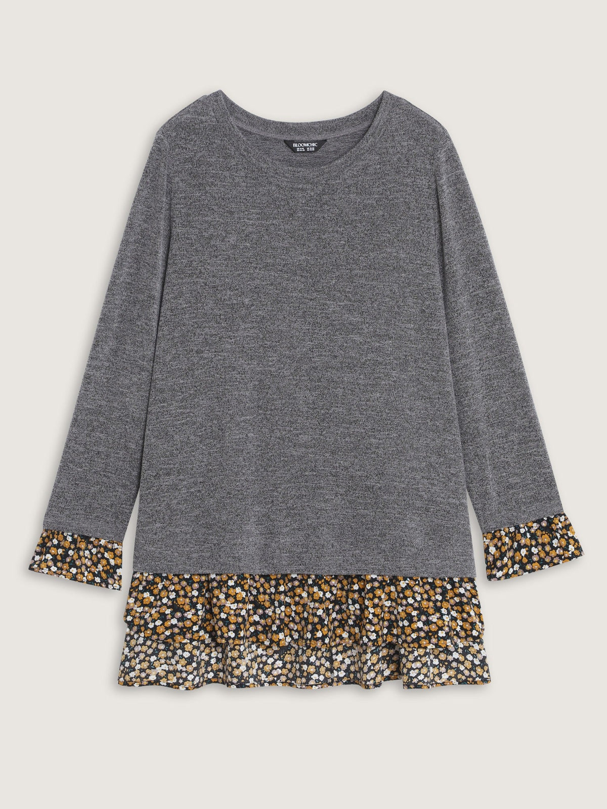 Stretchy Floral Print Layered Hem Long Sleeve Top