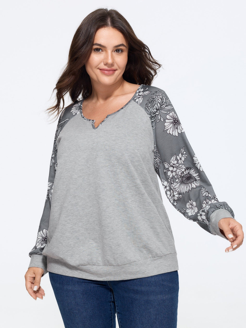 Stretch Floral Print Raglan Sleeve Sweatshirt