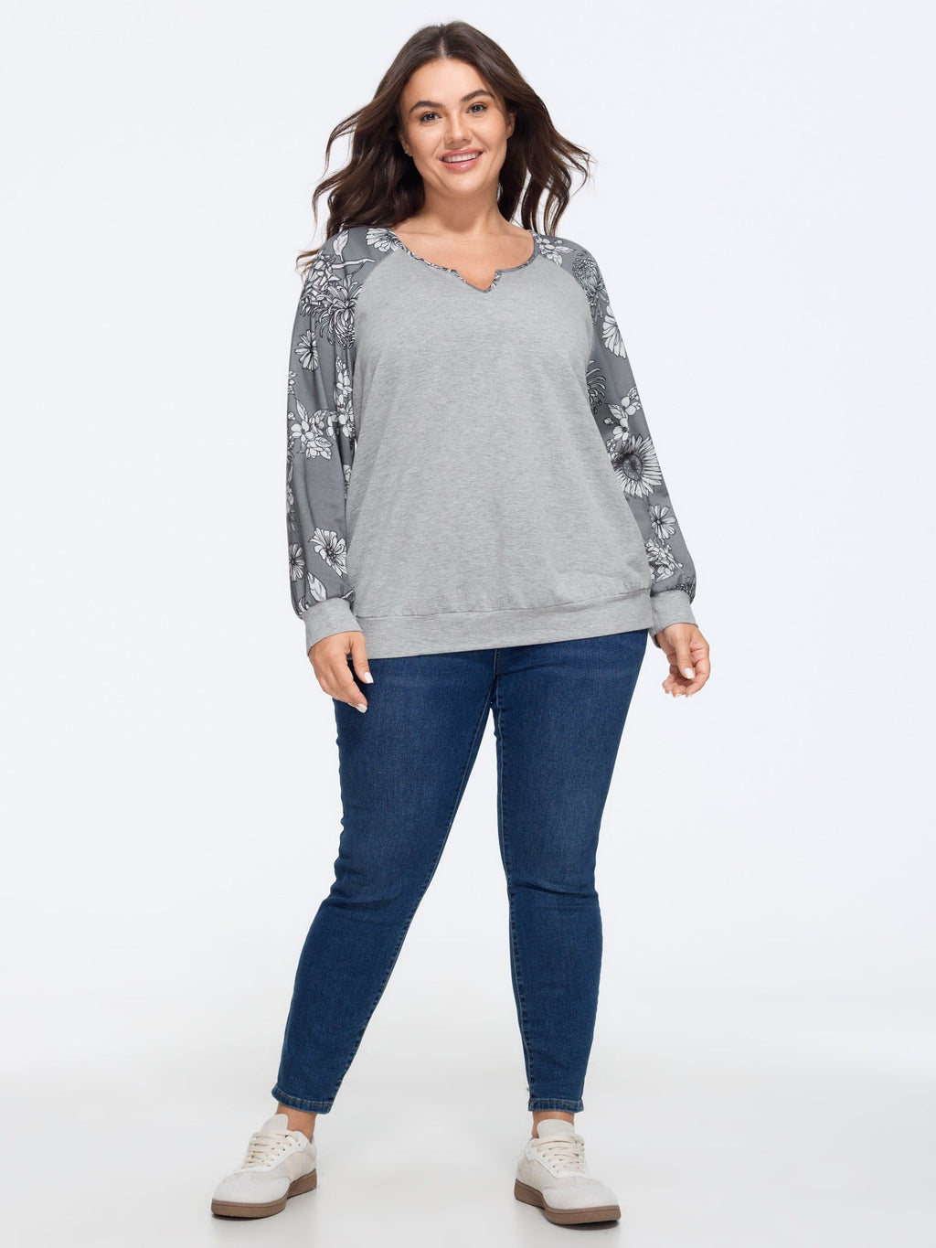 Stretch Floral Print Raglan Sleeve Sweatshirt
