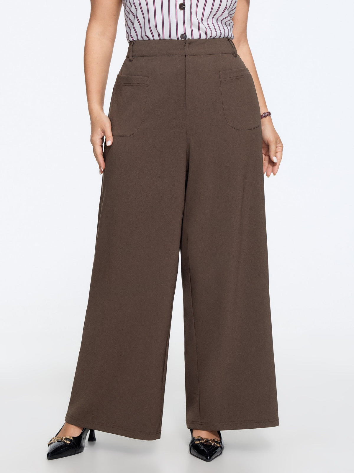 Stretchy Patch Front Pockets Wide Leg Pants