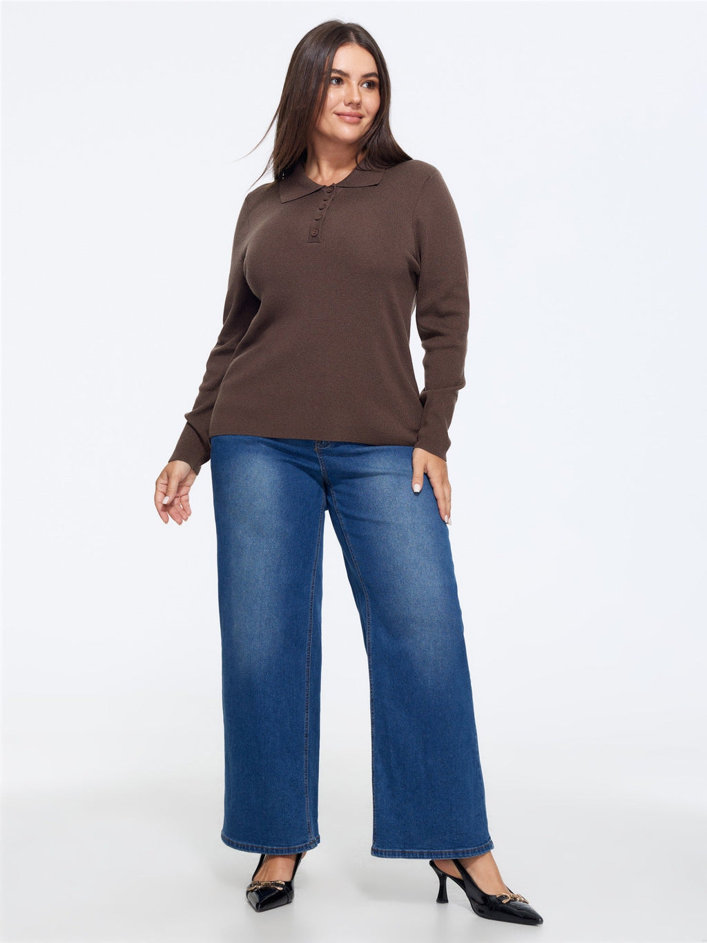 Polo Collar Long Sleeve Button Pullover