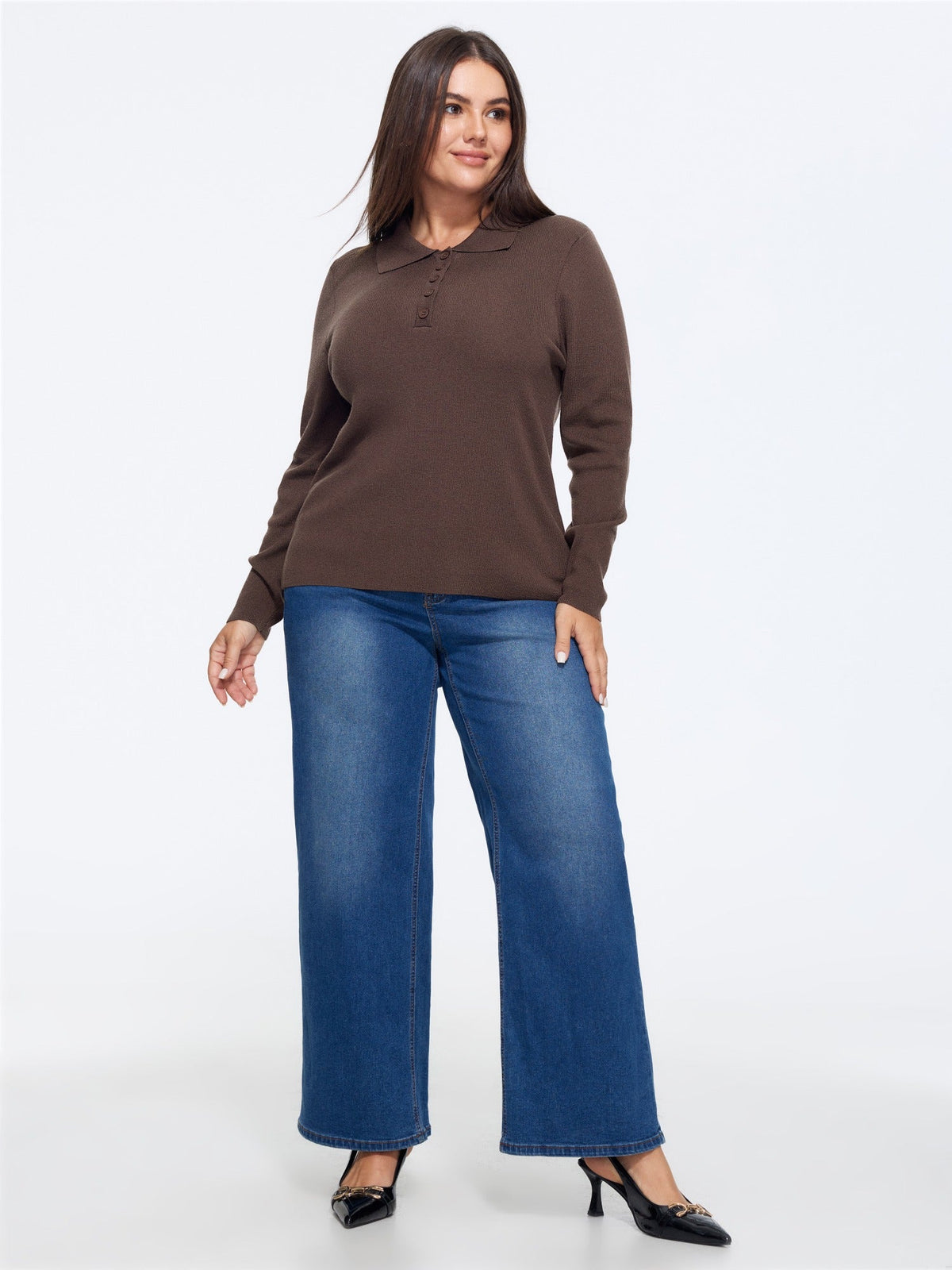 Polo Collar Long Sleeve Button Pullover