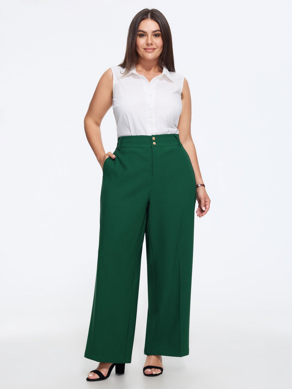 Stretchy Double‑Button Pockets Wide Leg Pants