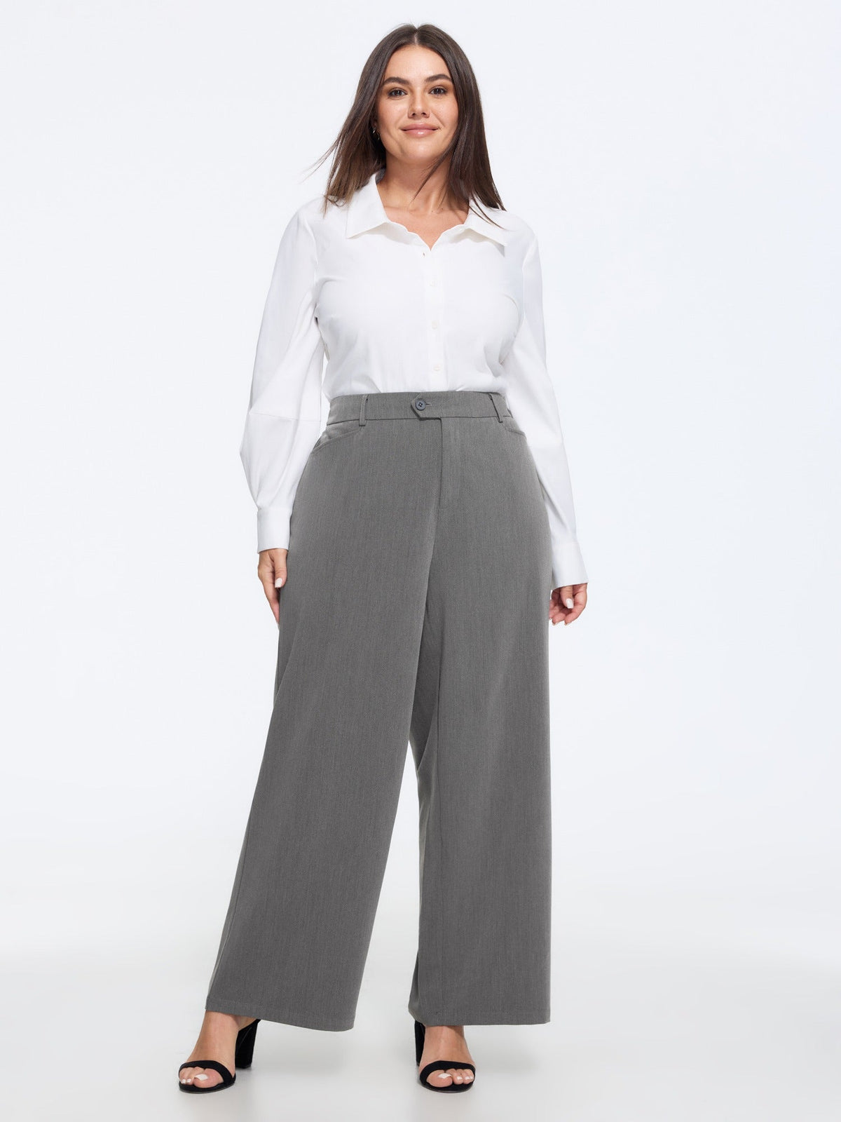 Button‑Zip Closure Pockets Wide Leg Pants