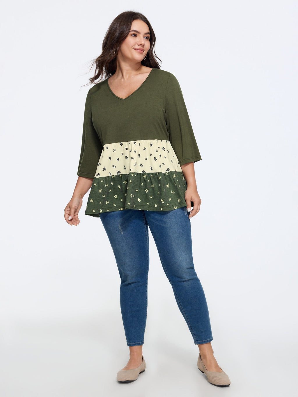 Stretch V-Neck Floral Print Tiered Ruffle Top